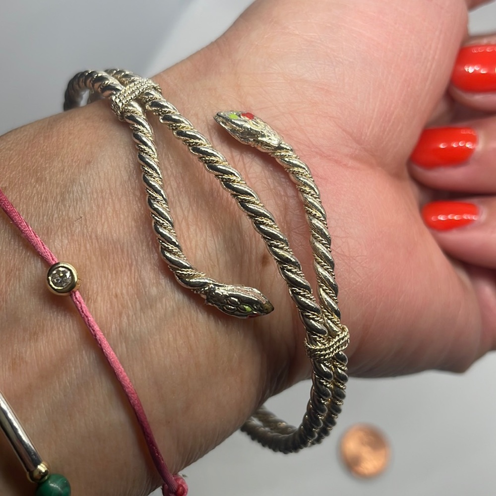 Sterling Silver Double Head Snake Bracelet w/ Bell